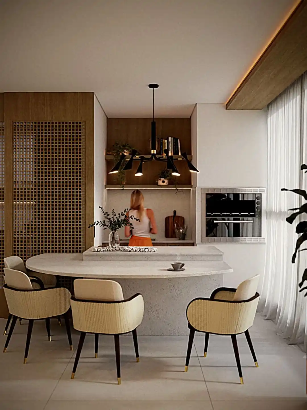 Projeto de cozinha e sala de jantar com mesa de madeira rústica e luzes pendentes.