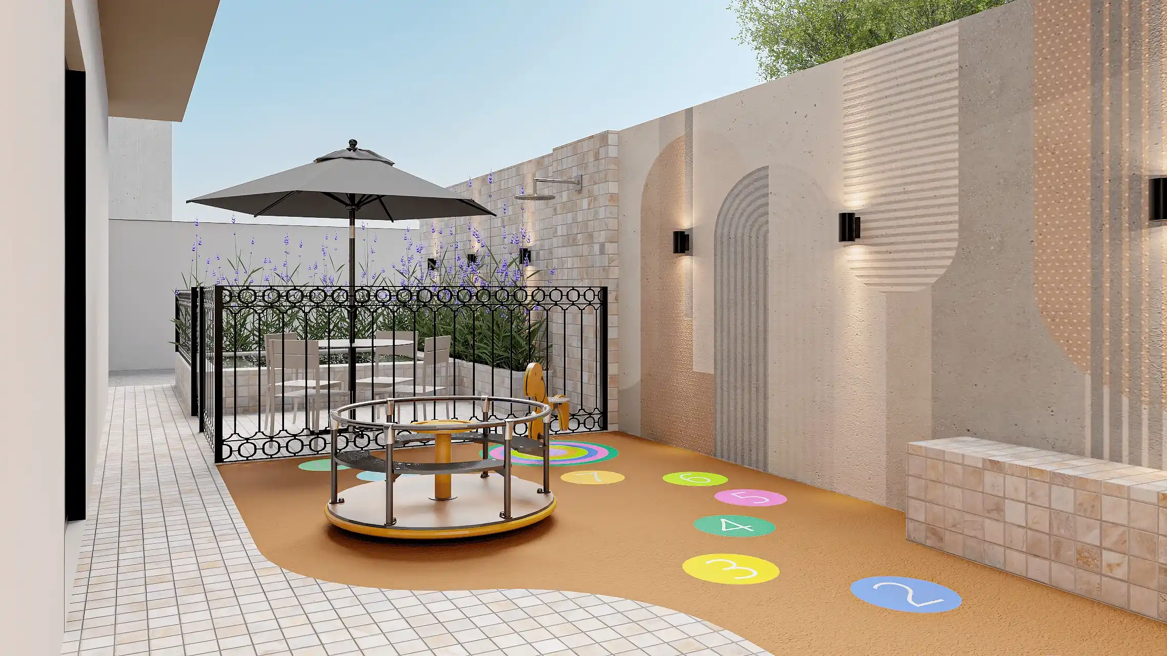 Projeto de sala com aparador de madeira, espelho e cadeiras claras.