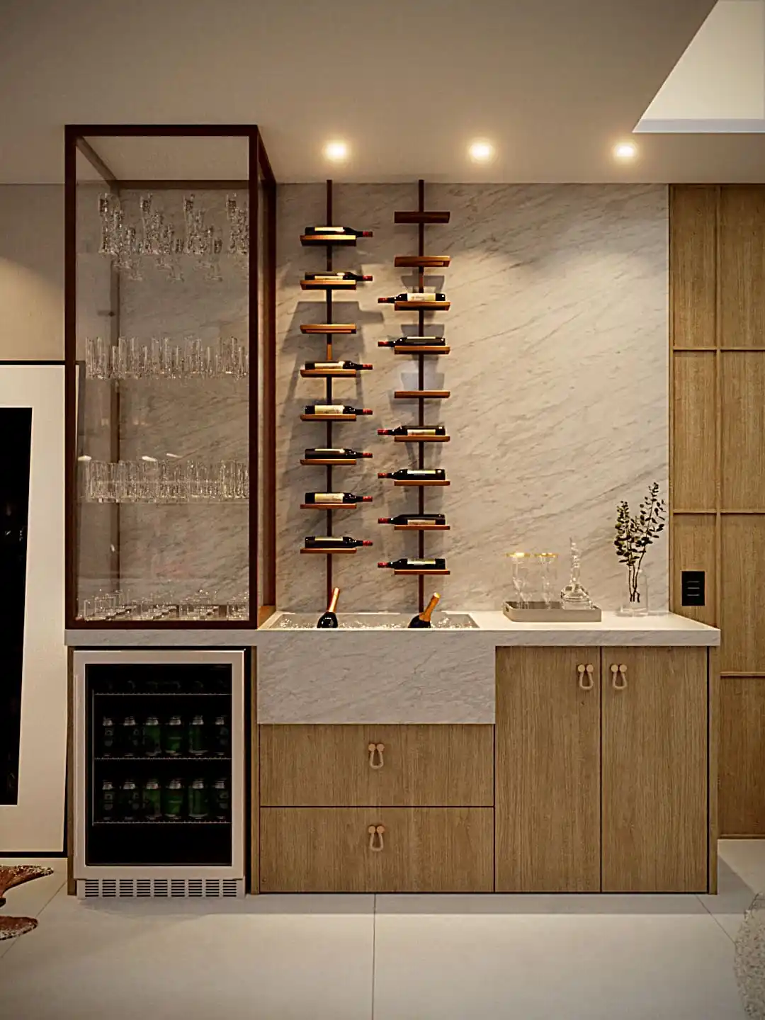 Projeto de sala com aparador de madeira, espelho e cadeiras claras.