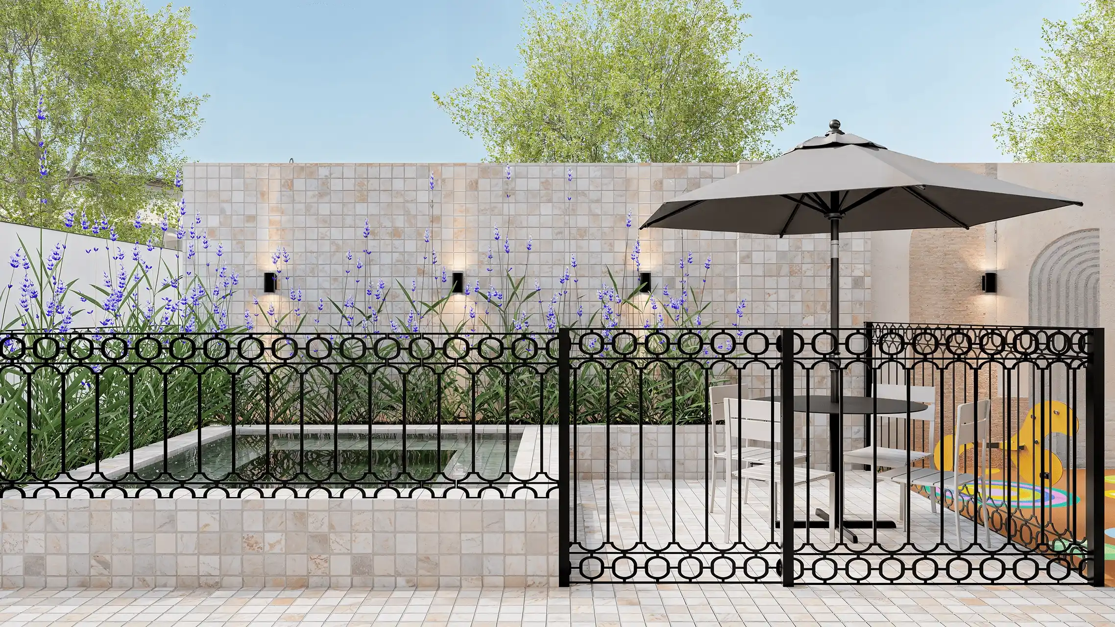 Projeto de sala de jantar elegante com mesa redonda e cadeiras brancas.