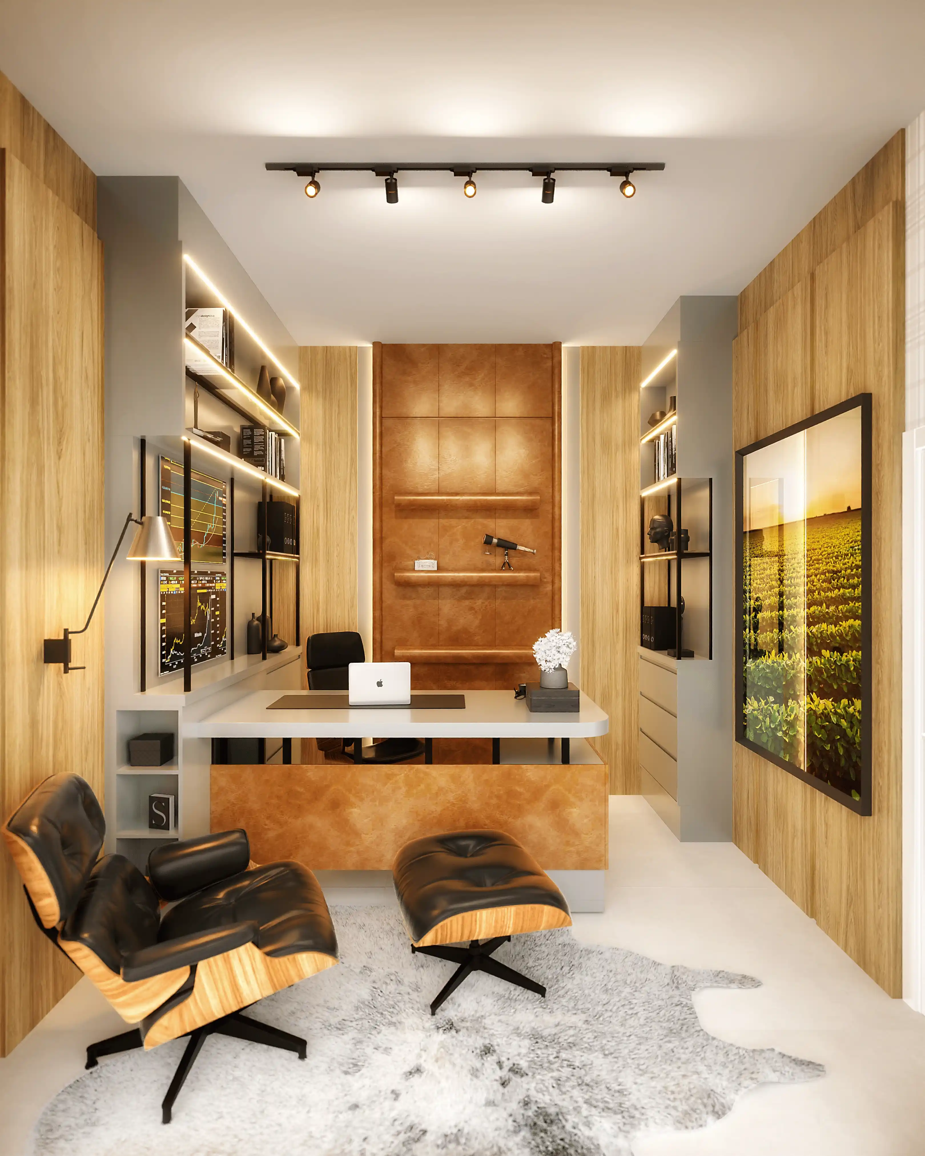 Projeto de sala com aparador de madeira, espelho e cadeiras claras.