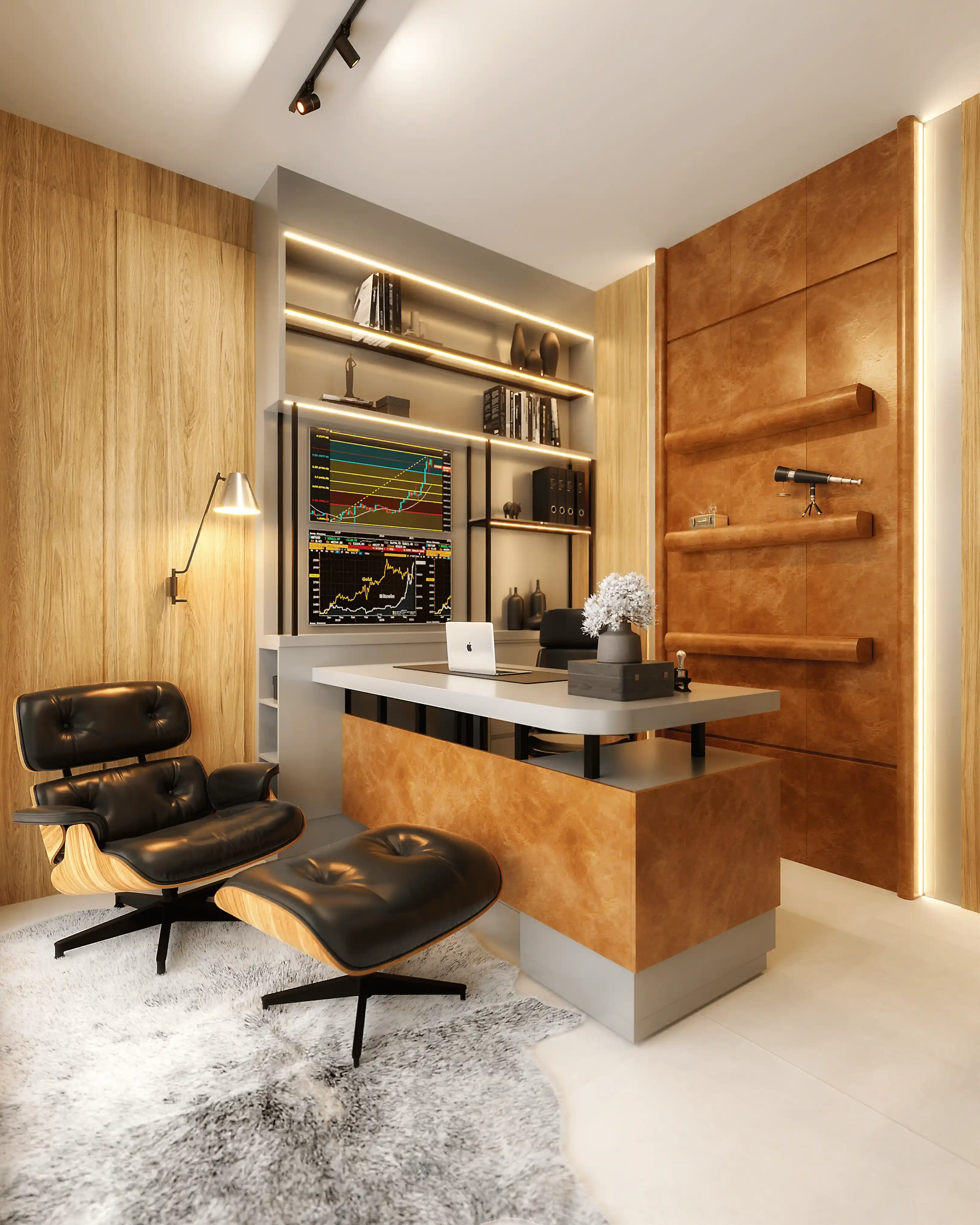 Projeto de cozinha e sala de jantar com mesa de madeira rústica e luzes pendentes.