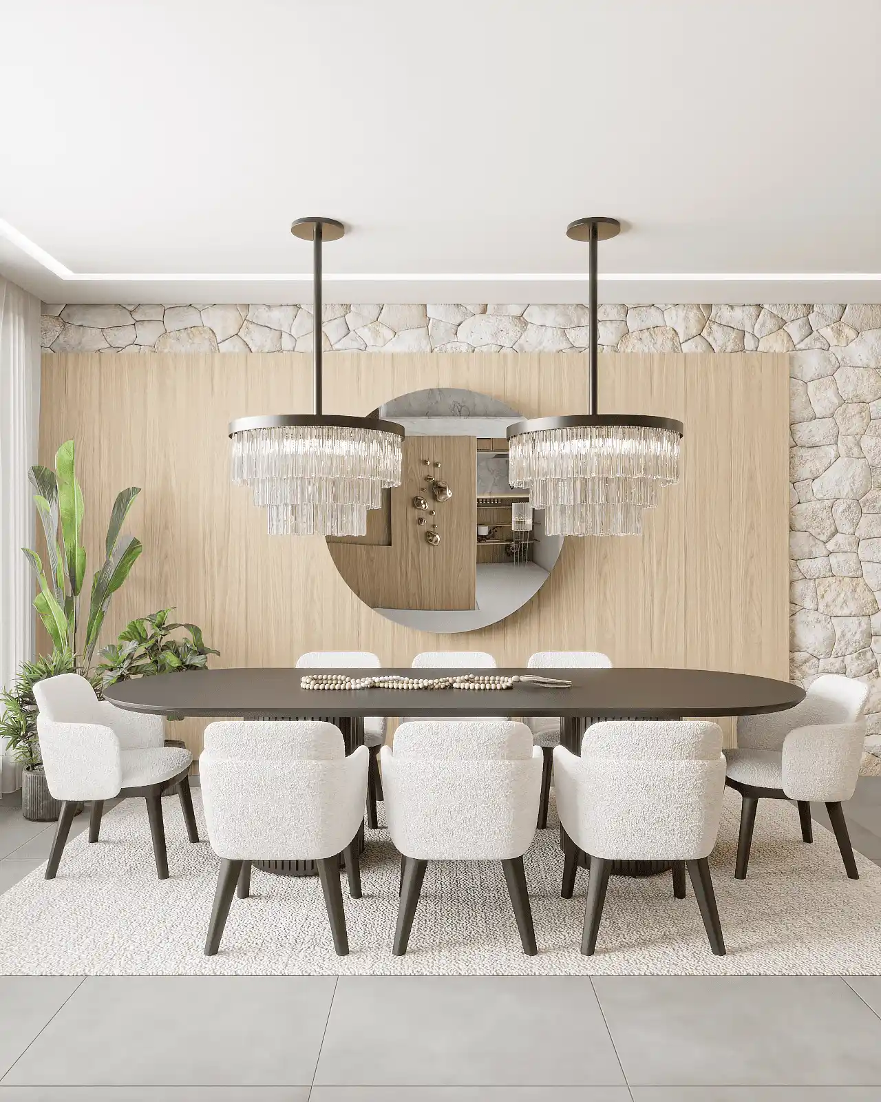 Projeto de sala com aparador de madeira, espelho e cadeiras claras.