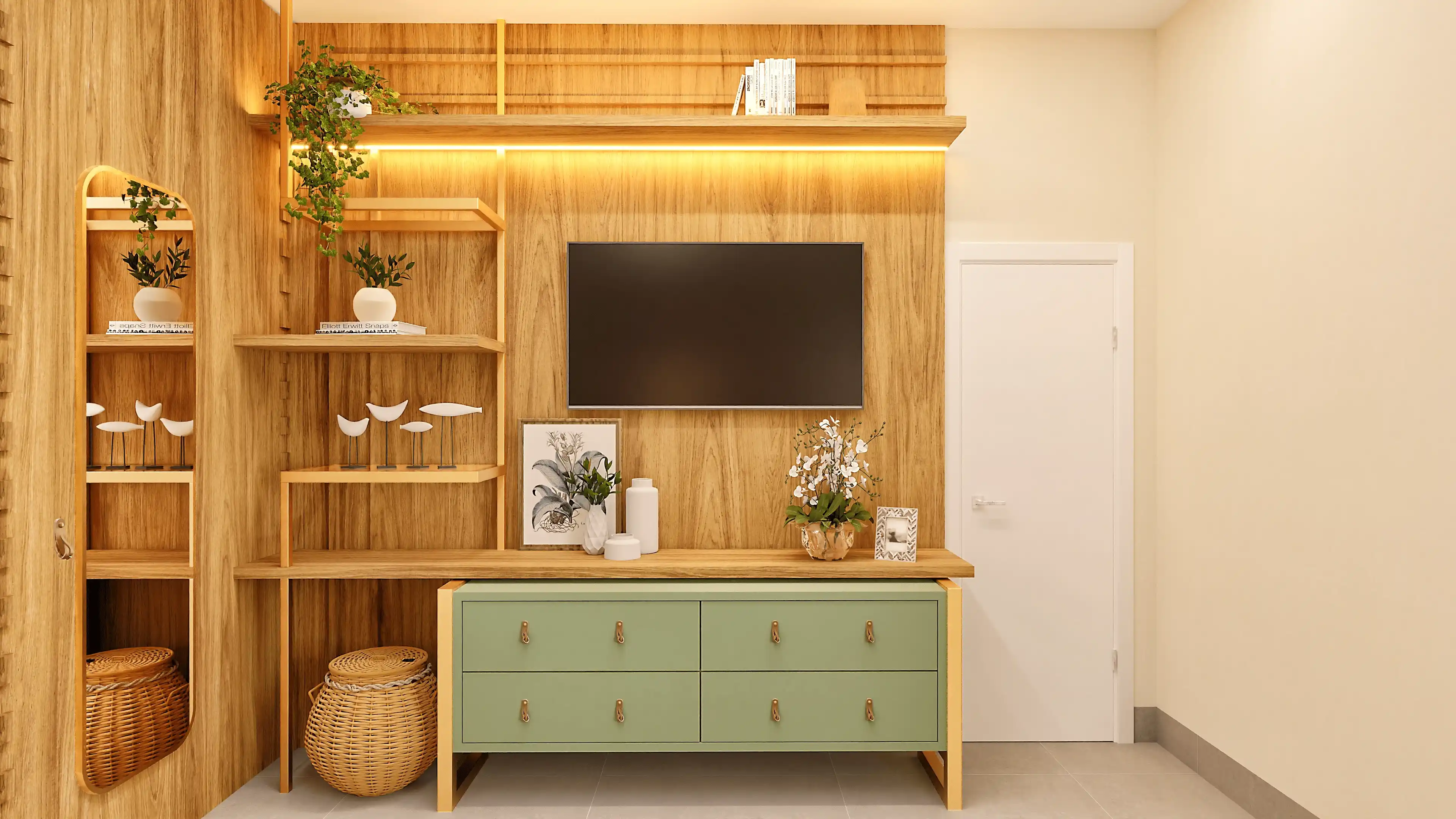 Projeto de sala com aparador de madeira, espelho e cadeiras claras.