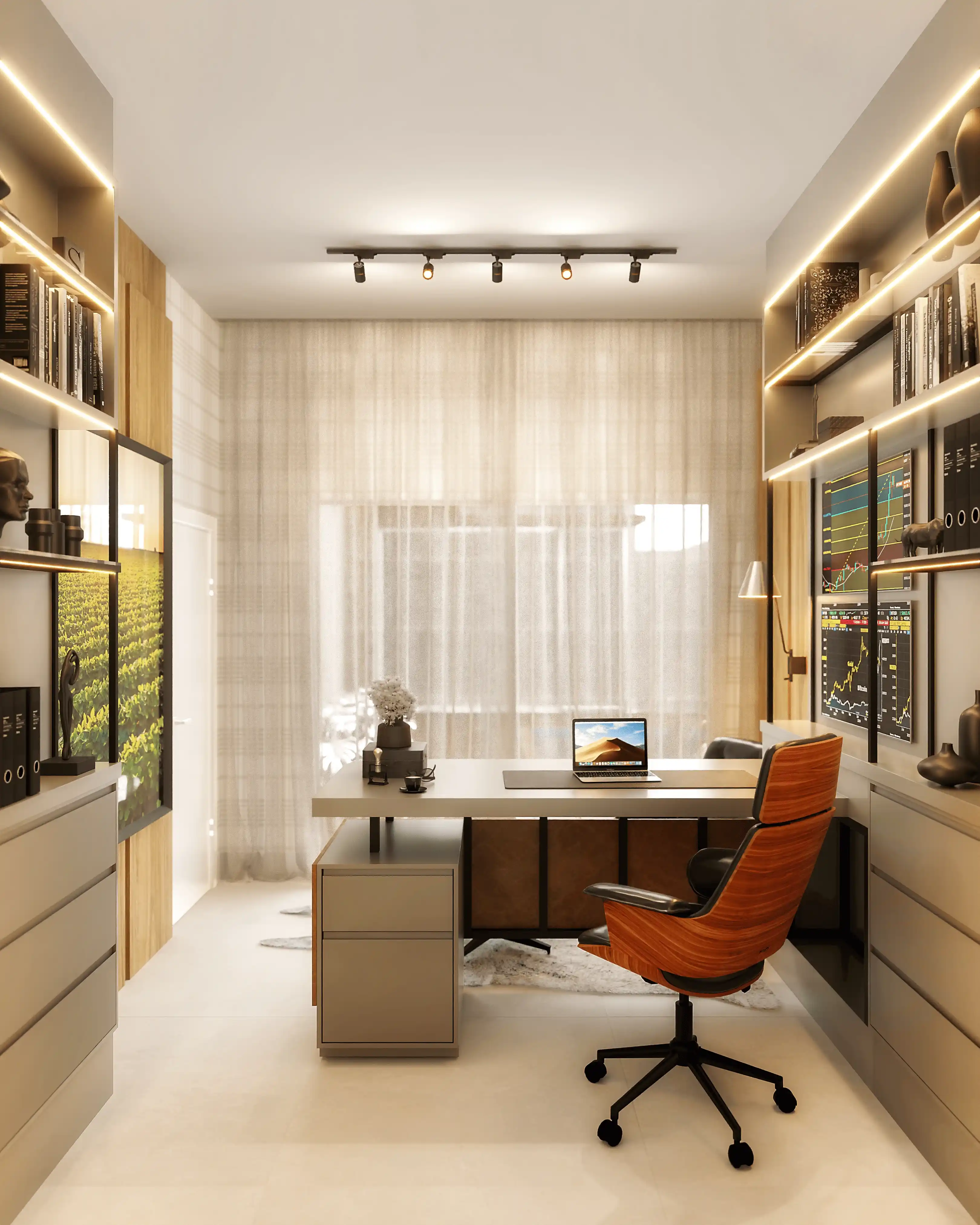 Projeto de sala com aparador de madeira, espelho e cadeiras claras.