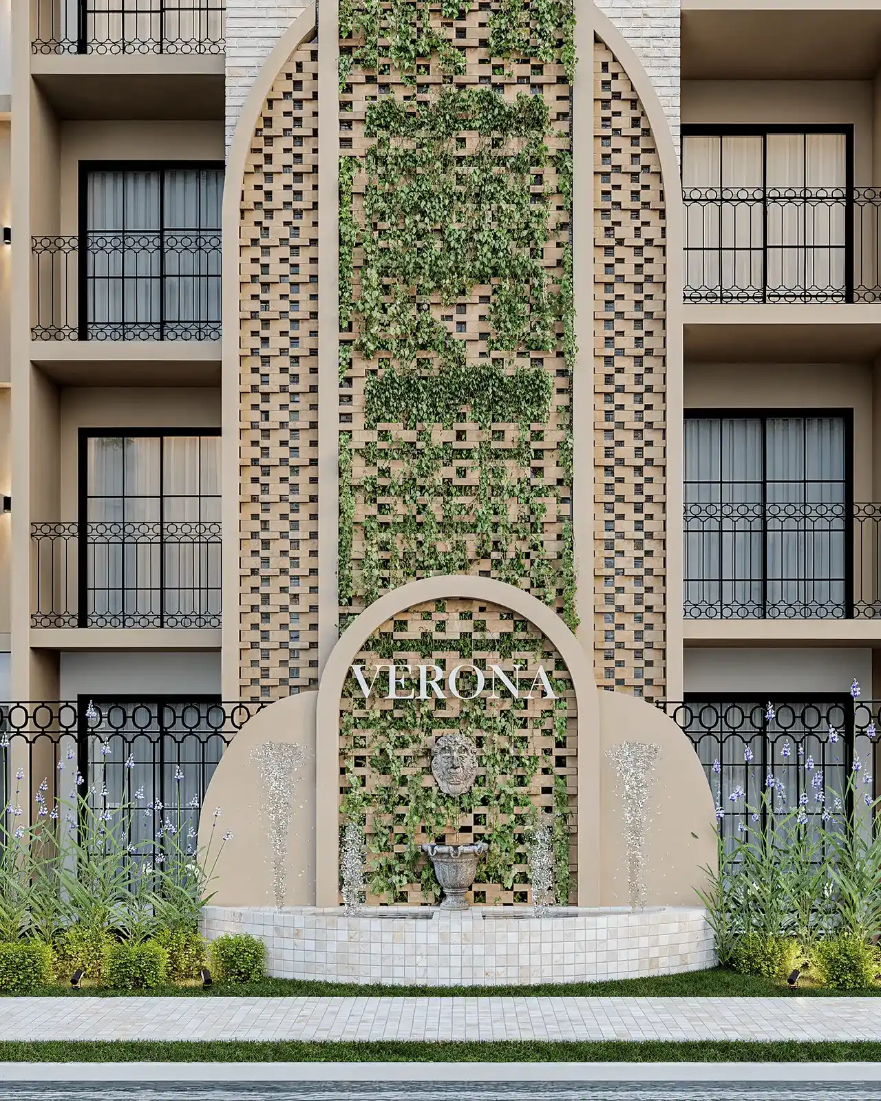 Projeto de sala de estar moderna com poltronas cinzas e mesa de centro redonda.